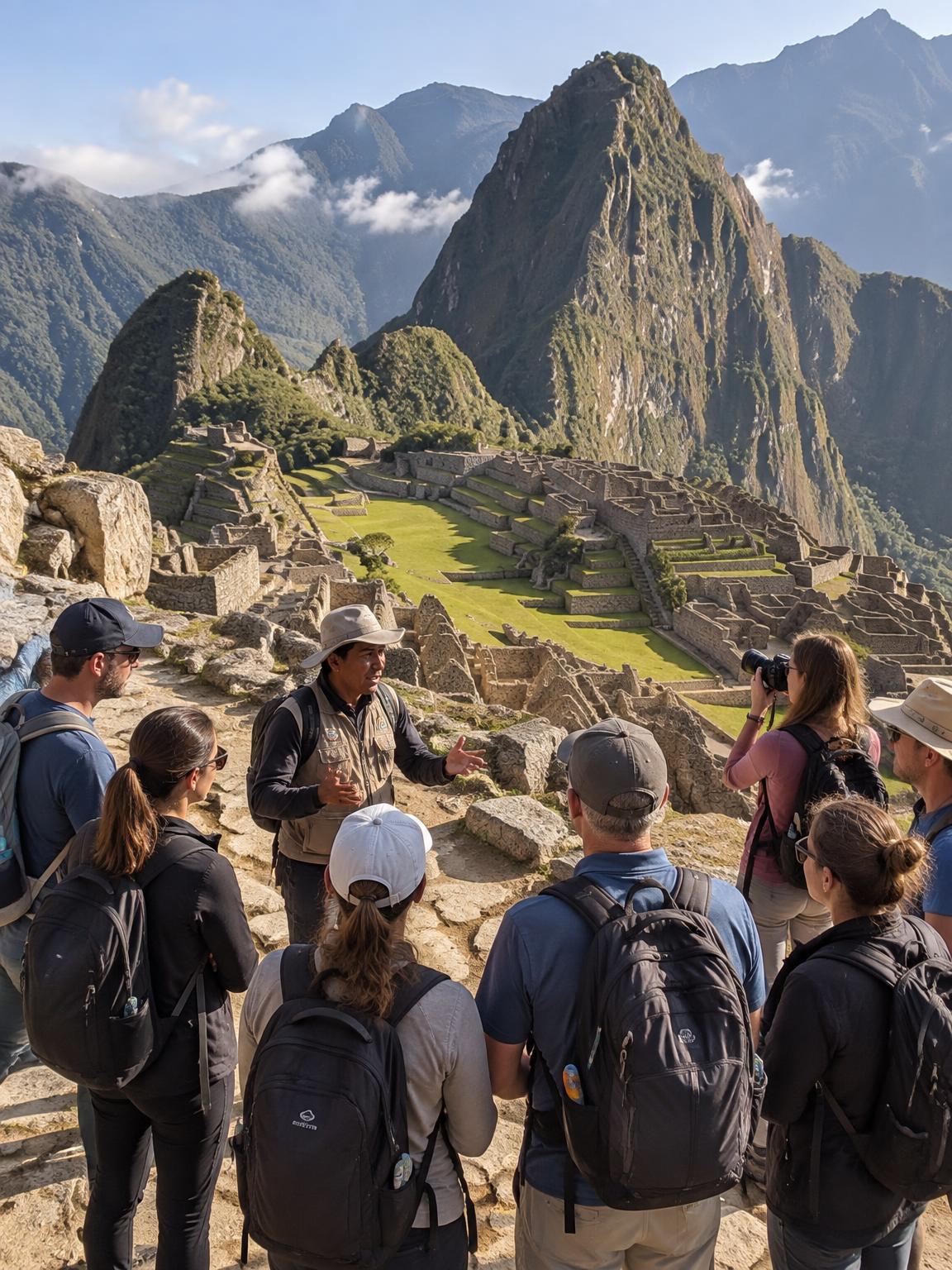 Tour group with a local guide at Machu Picchu, Peru