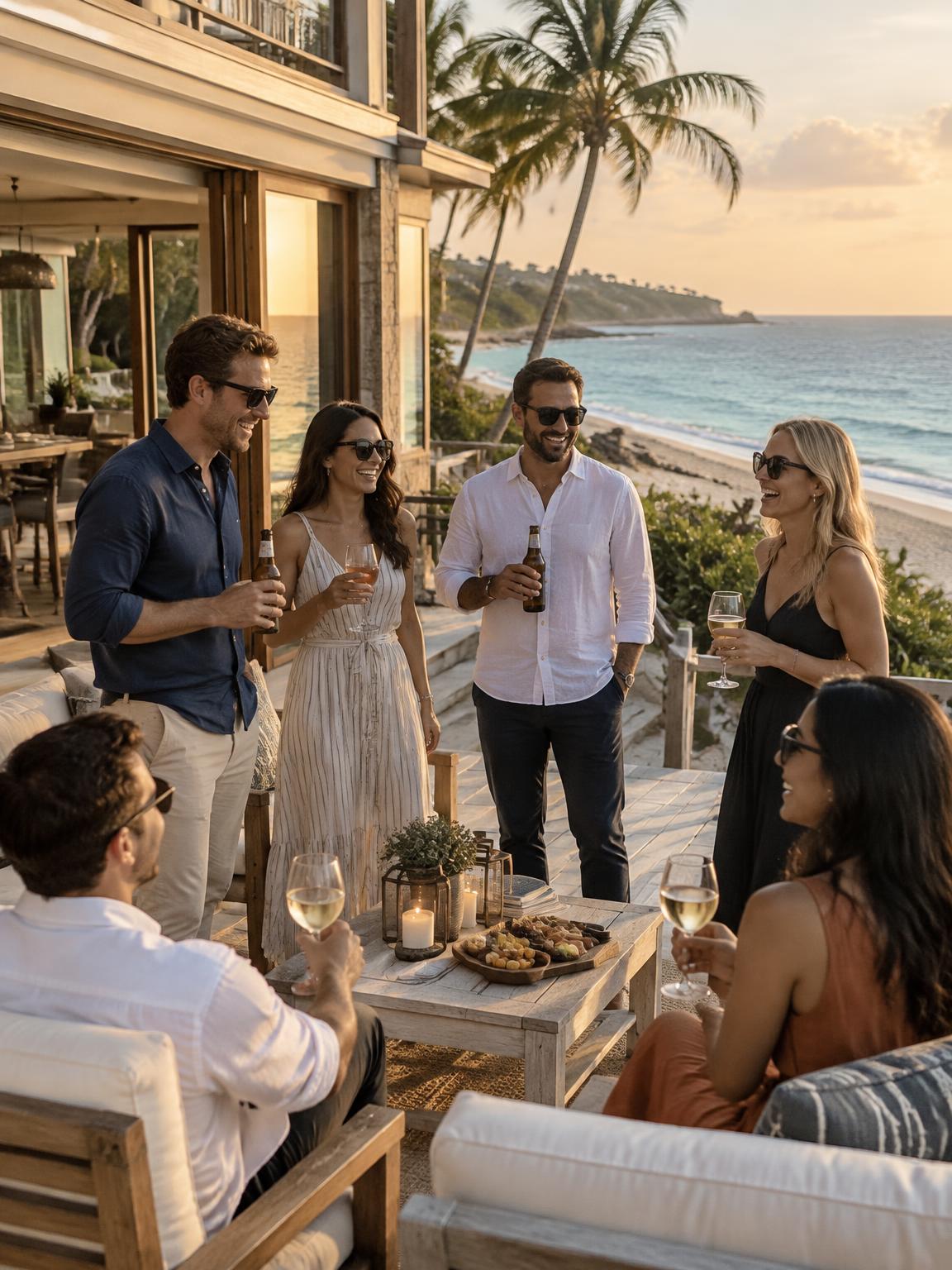 Group celebrating on a beach house terrace by the ocean